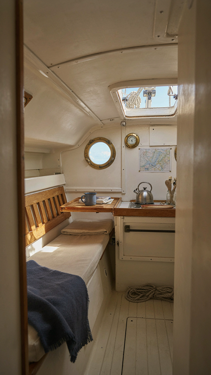 A highly organized, compact interior of a small sailboat cabin.