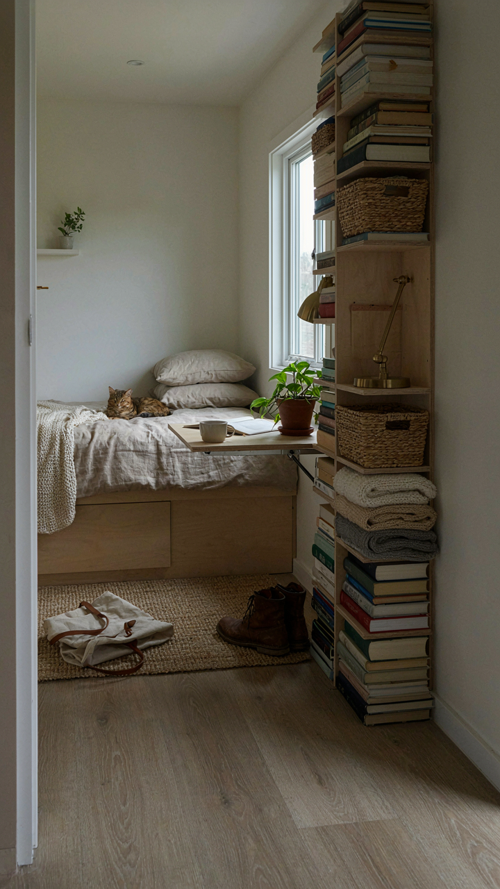 A compact, organized small living space with multi-functional furniture and storage.