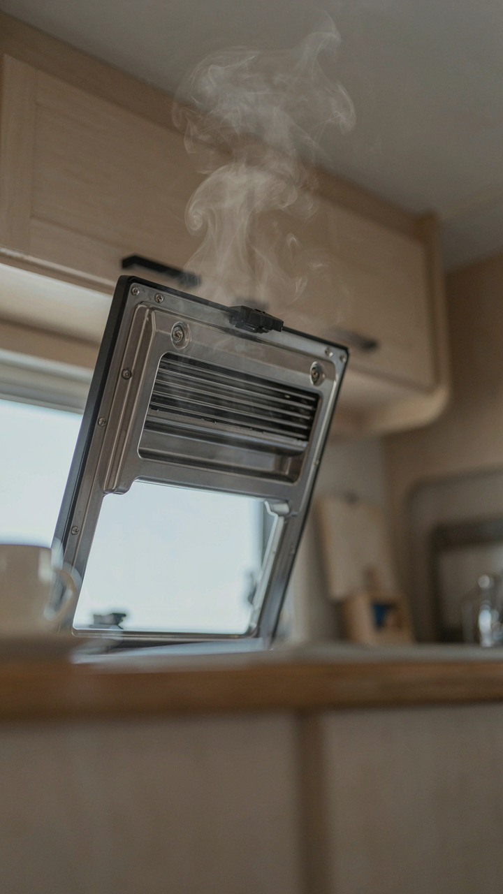 Warm air wafts from an open RV refrigerator vent inside a bright RV.
