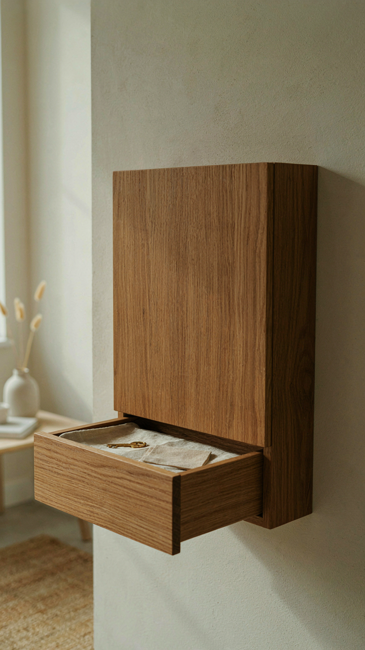 A hidden pull-out drawer integrated into a custom-built cabinet.