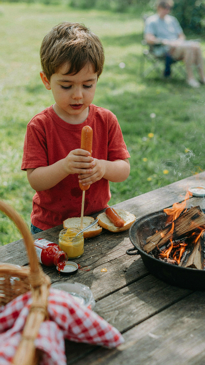 A child assembles a hot dog on a stick by a campfire for their backyard campout meal.