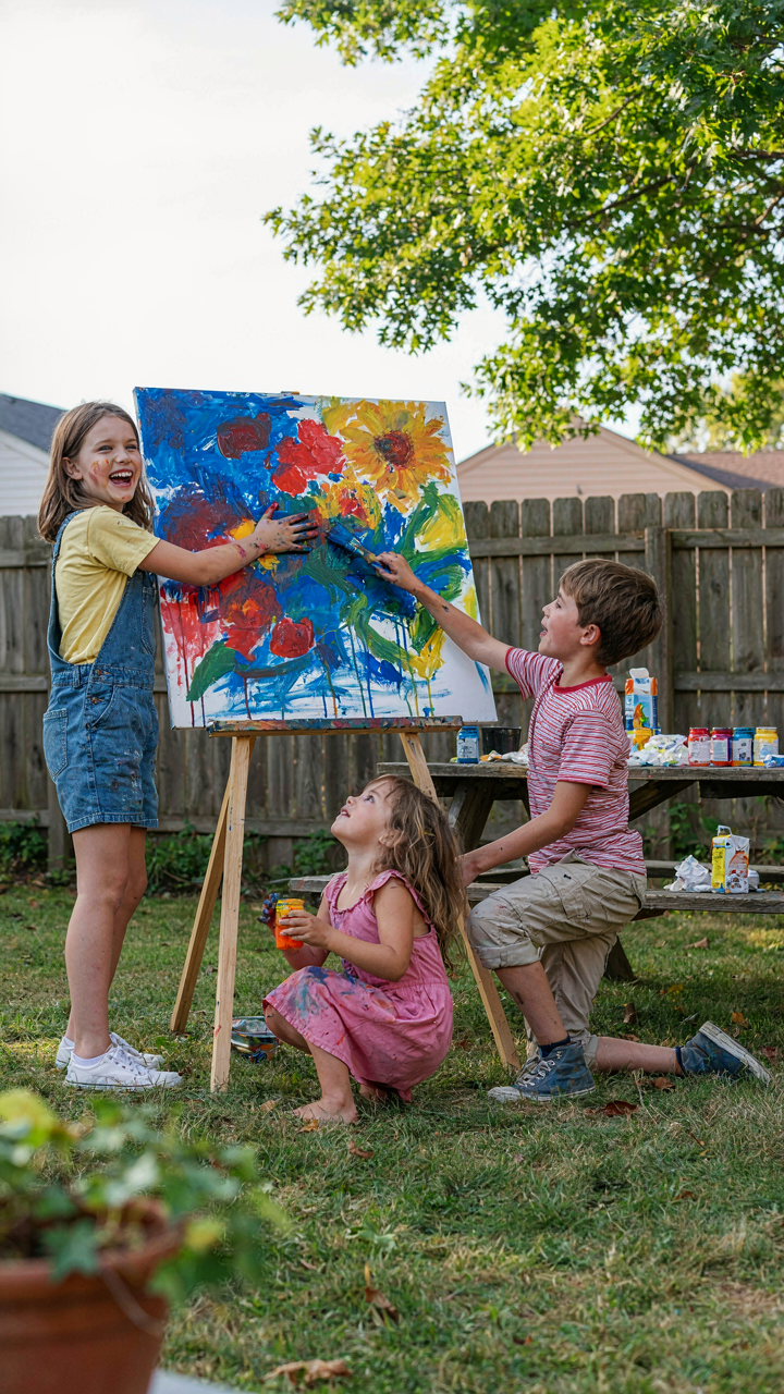 Three happy children are painting a large picture outdoors.