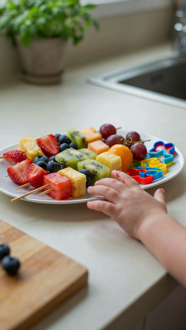 A child's hand reaches for fruit skewers on a colorful platter.