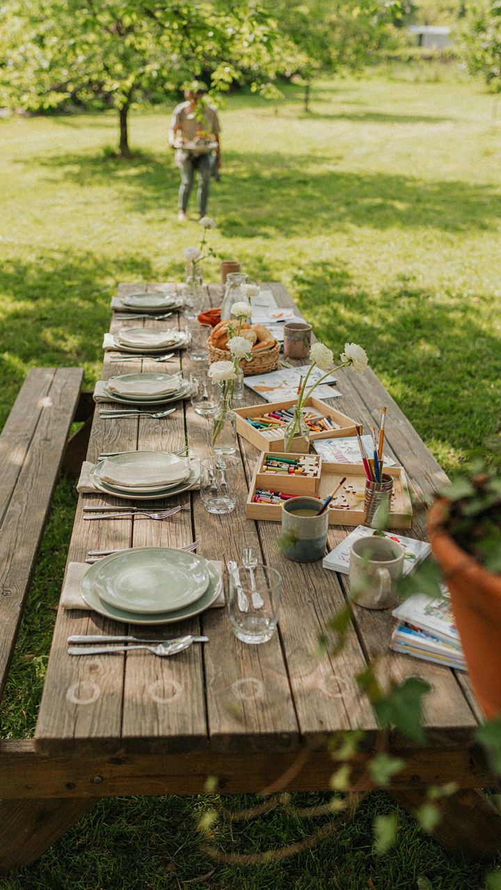 A picnic table showing sections for both adults and children.