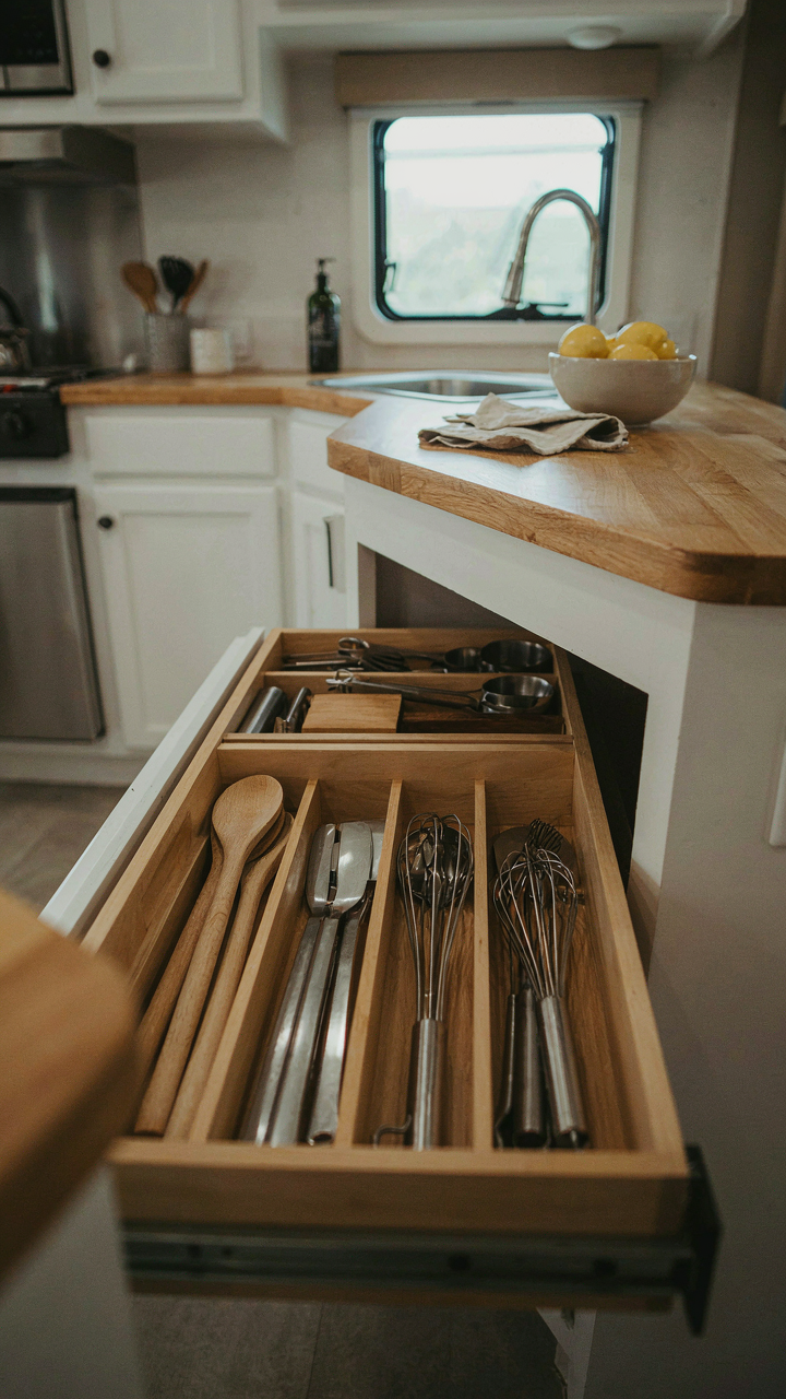 A smoothly sliding drawer with organized utensils in an RV kitchen.