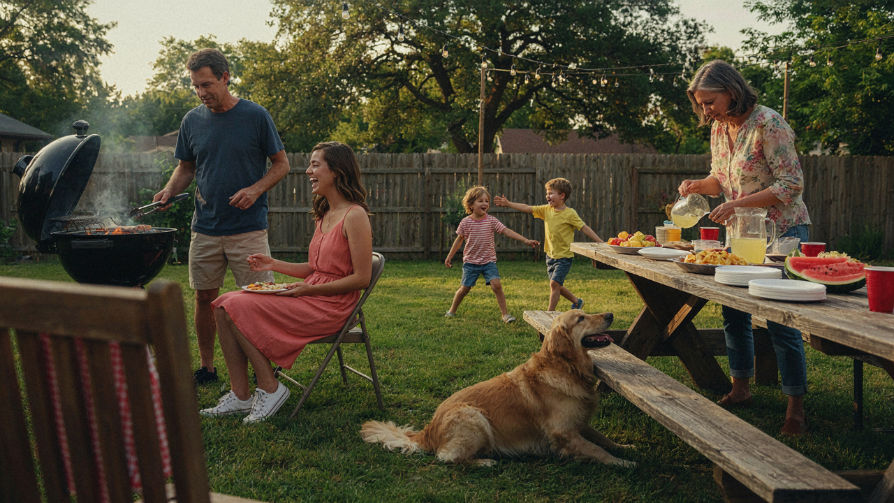 People are enjoying a lively Labor Day cookout in a sunny backyard.