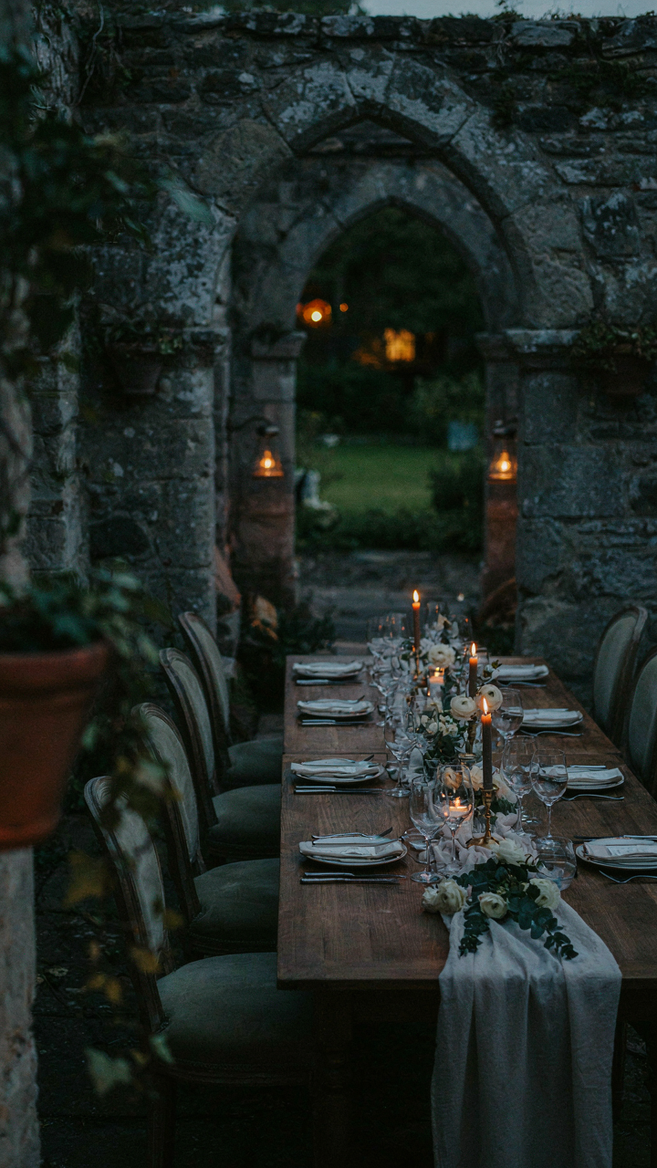 An elegant outdoor dining area is subtly lit by strategic outdoor lanterns.