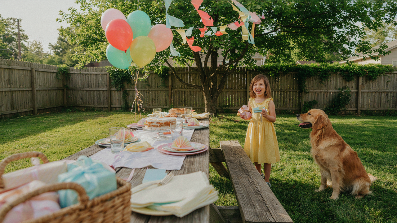 A colorful outdoor birthday party setup with many pretty lawn birthday decorations.