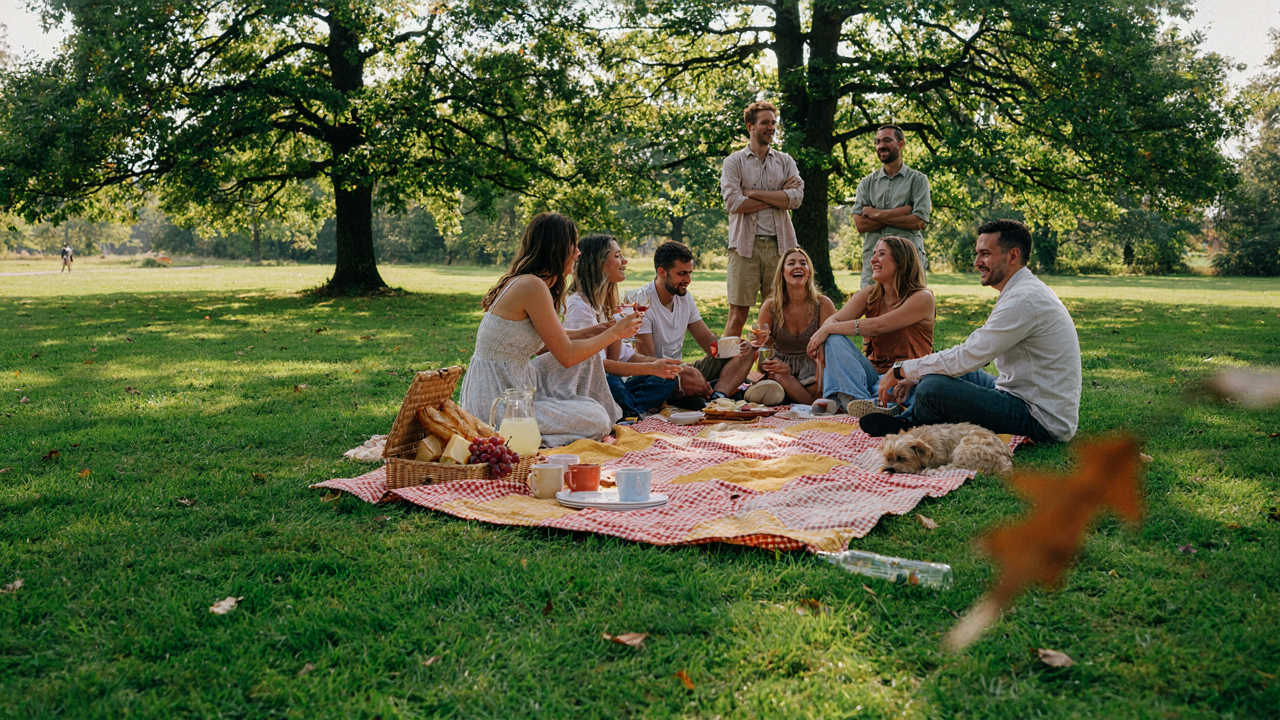 A lively outdoor lawn picnic party with people relaxing on blankets and enjoying food.