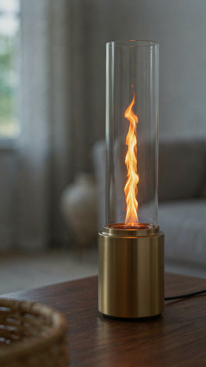 A modern LED flame-effect lantern shows realistic flickering light.