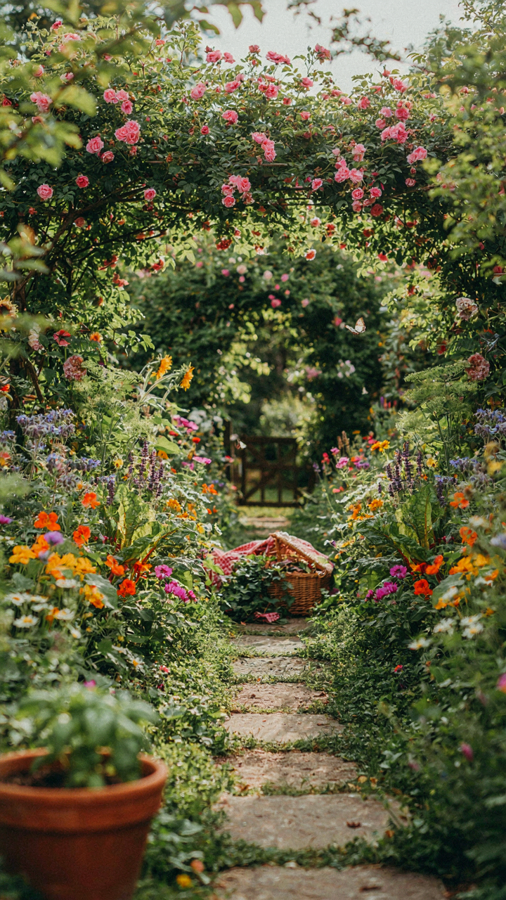 An overgrown garden path with edible flowers and herbs.