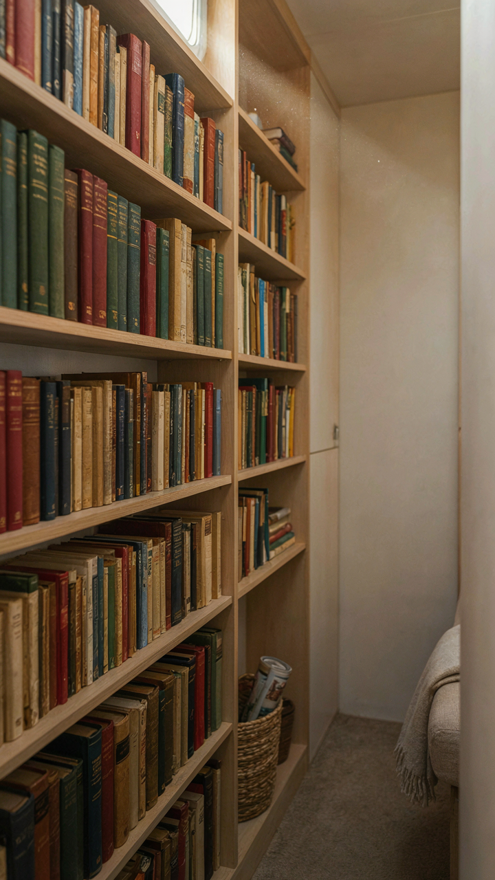 A small RV bookshelf with books packed tightly, showing high storage density.