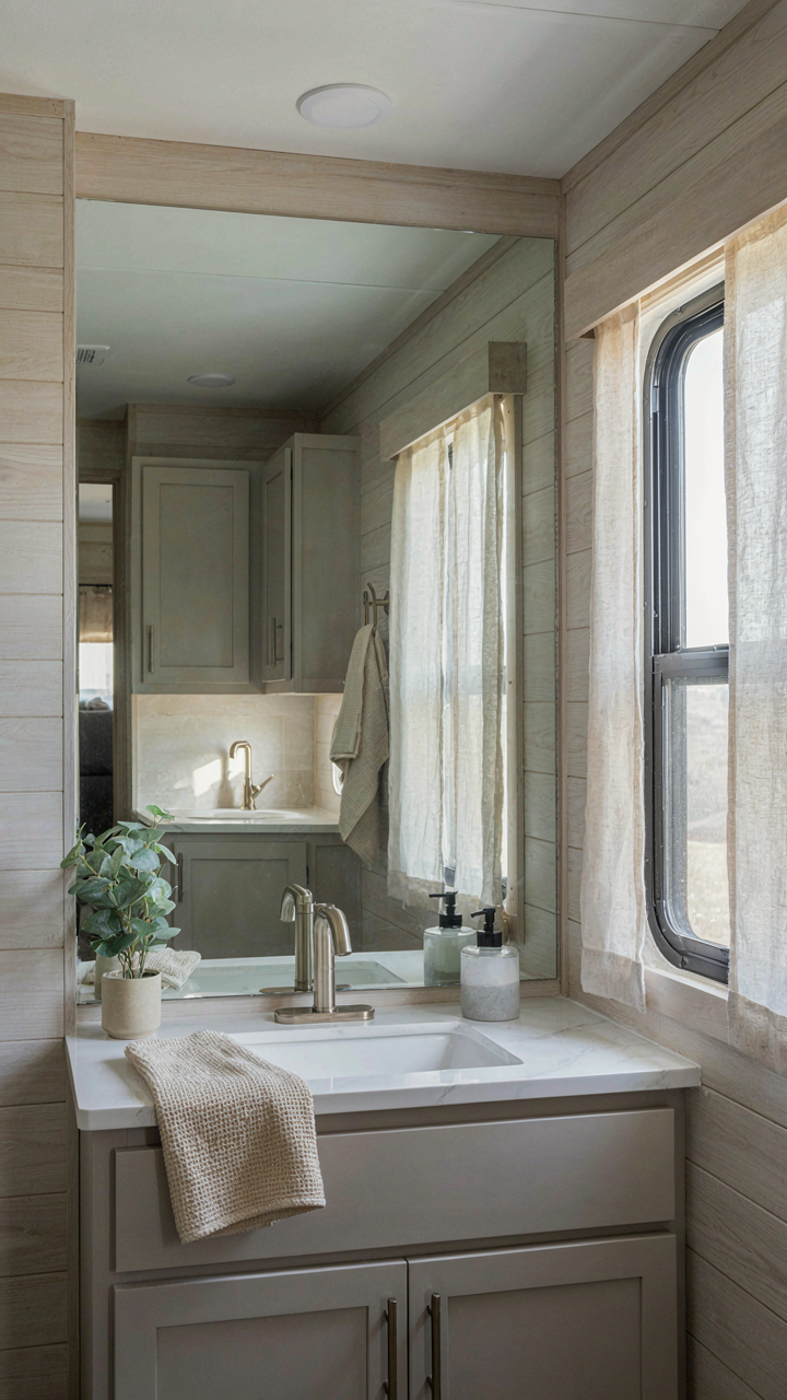 A large mirror reflects an RV interior, making the space look big.