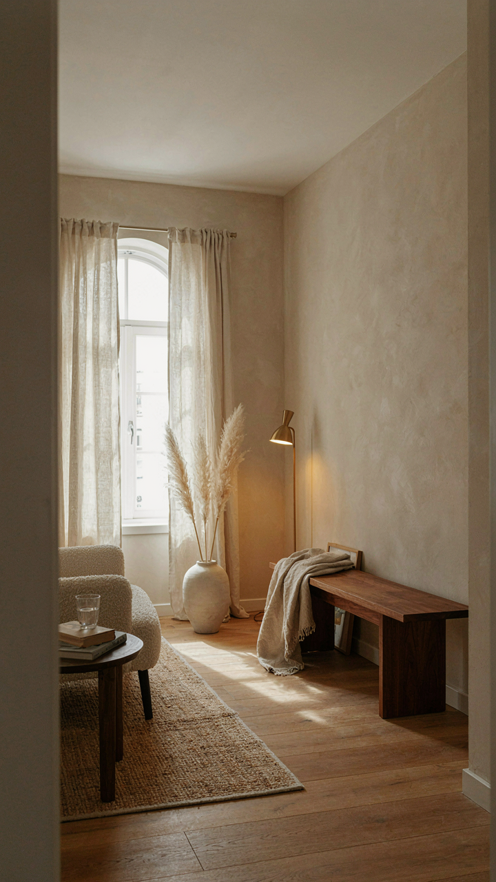 A small room lit with lights at different heights, creating depth.