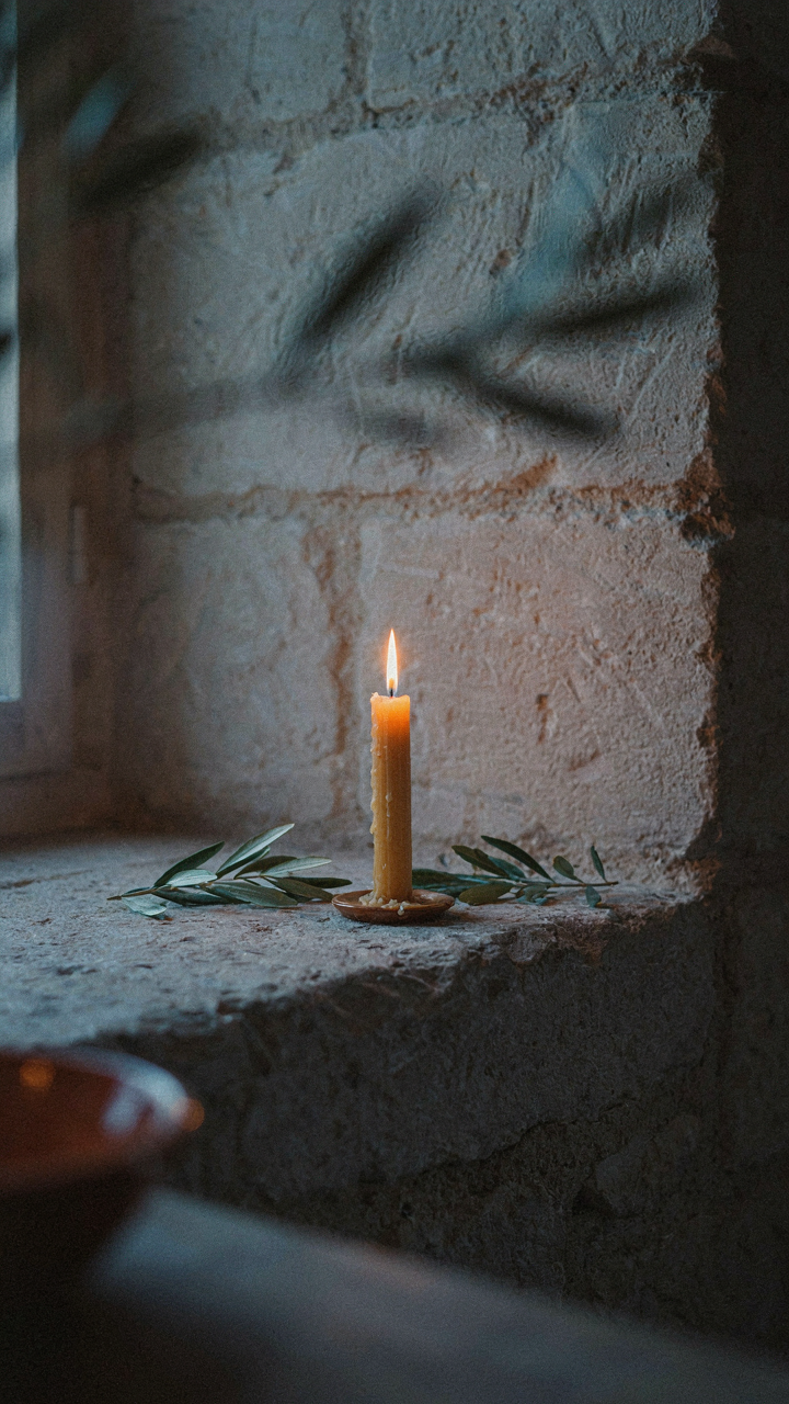 A flickering candle casts soft shadows of olive branches on a stone wall.