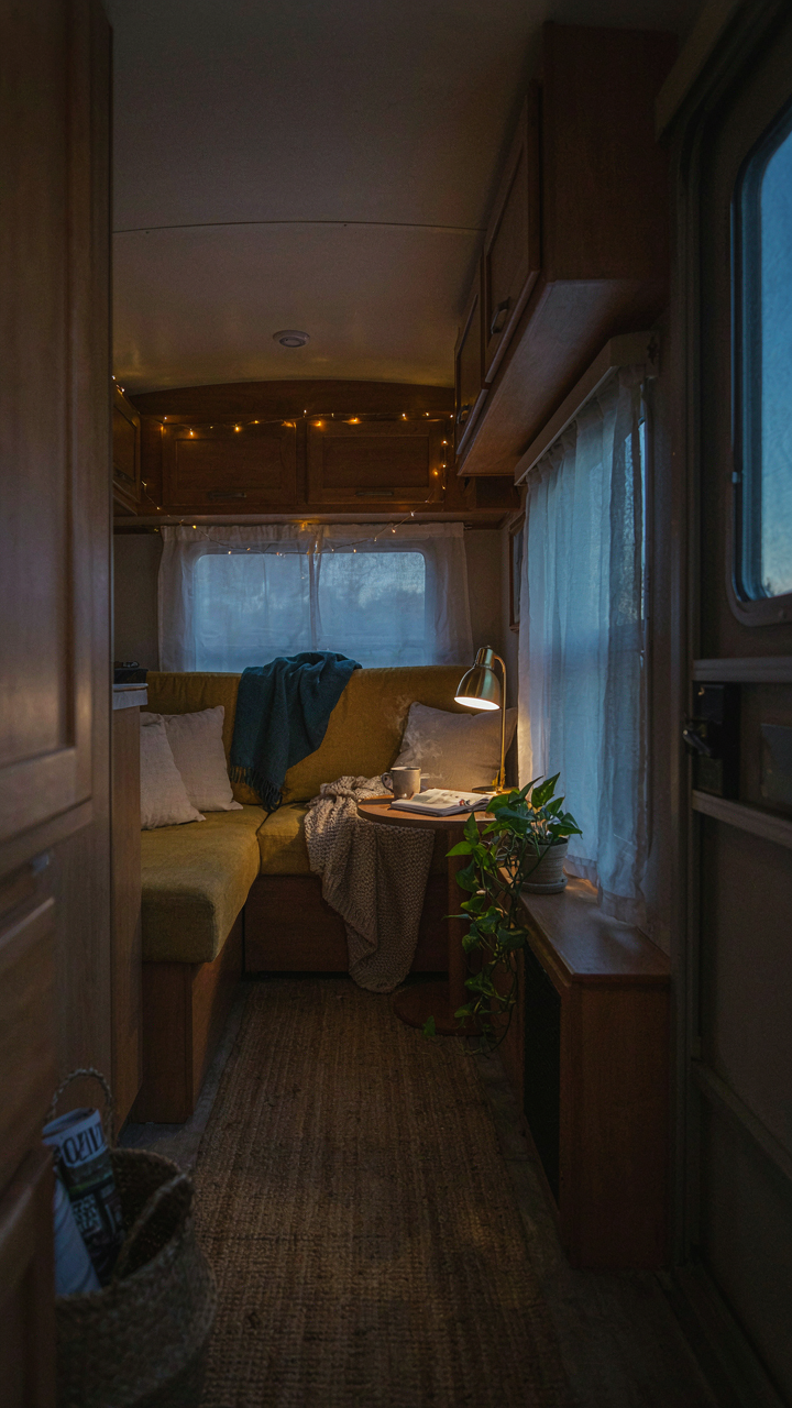 An RV interior at dusk with many layered lights creating a warm and cozy feeling.