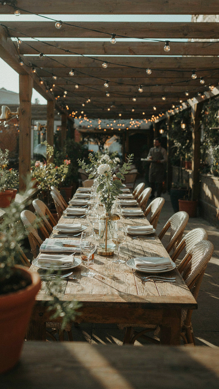 String lights and task lighting illuminate an outdoor dining area.