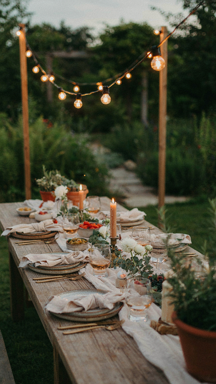 String lights define an outdoor long table area in a garden.