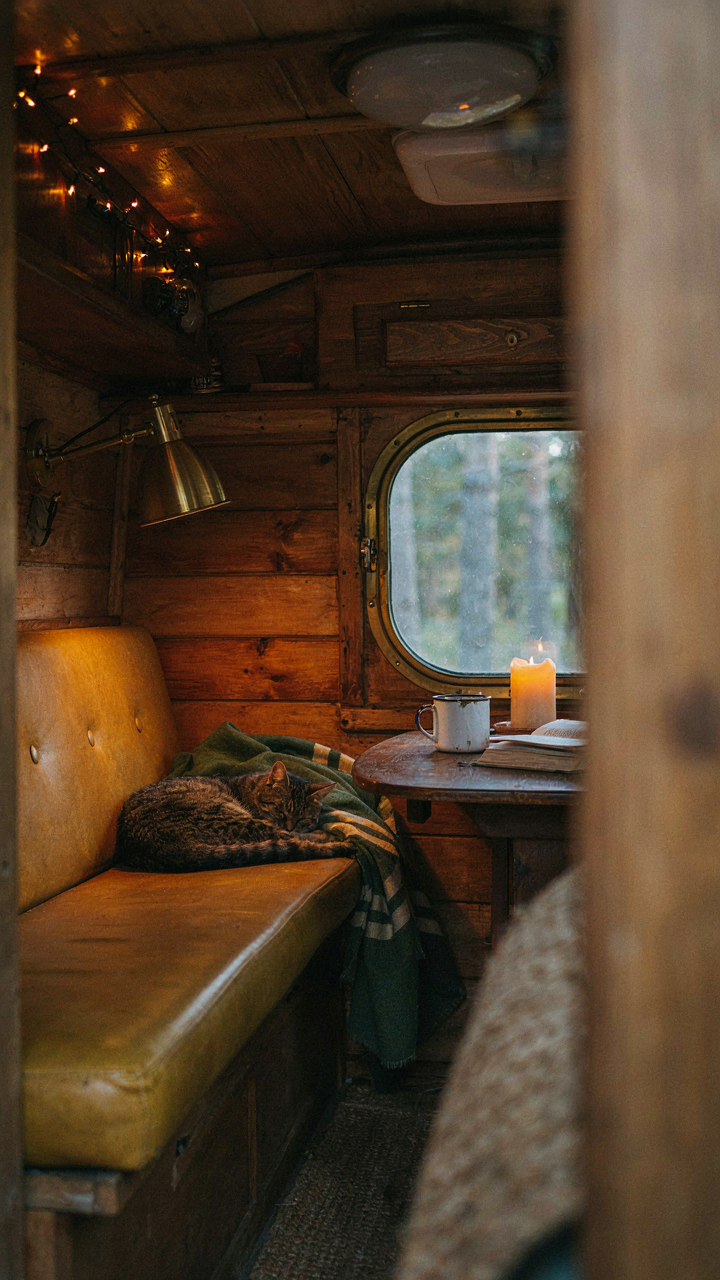 Layered lighting creates ambiance inside a small vintage camper.