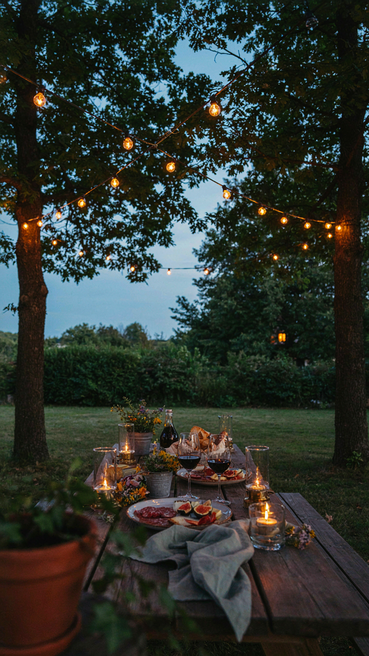 Soft string lights and lanterns illuminate a backyard picnic setup at dusk.