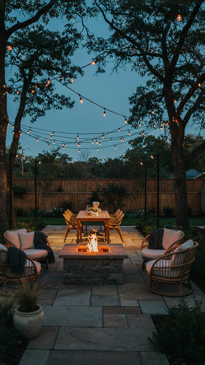 Many lights brighten a patio and fire pit area in a backyard.