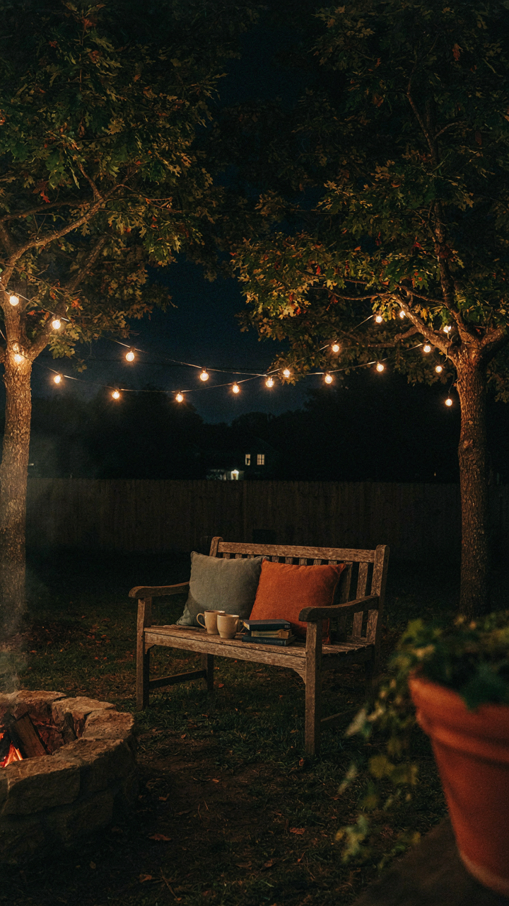Warm string lights draped over trees, lighting a backyard seating area.
