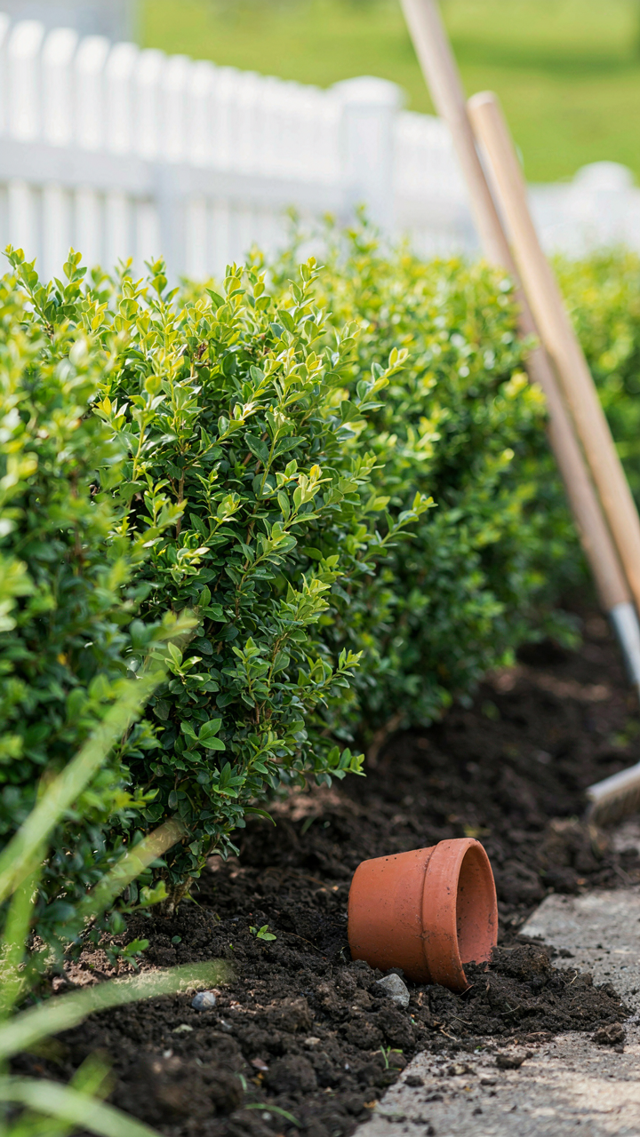 A young, bright green hedge grows in a garden bed.