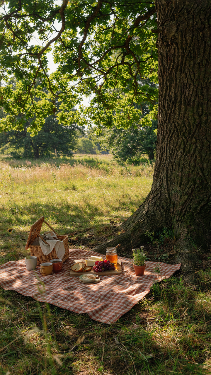 A picnic blanket sits under the shade of a large oak tree.