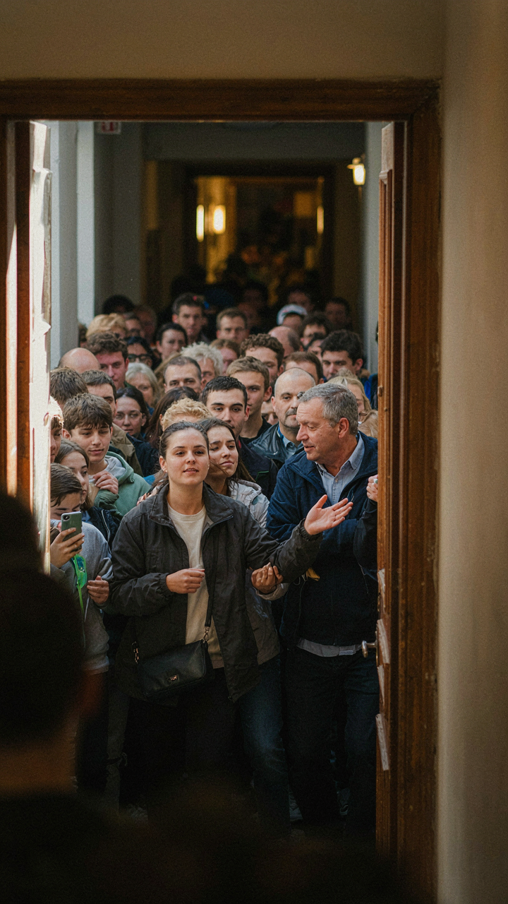 Many people are trying to pass through a narrow, crowded doorway at an event.