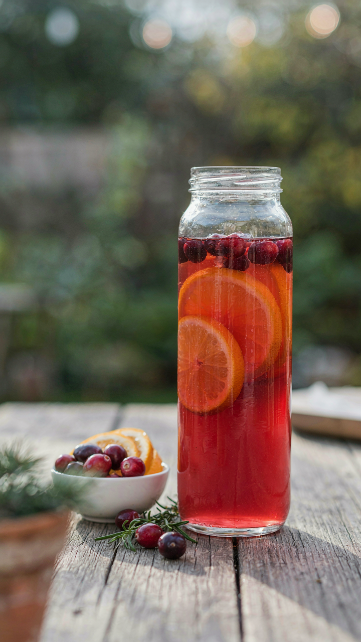 A large dispenser holds ruby-red holiday mocktail for a party.