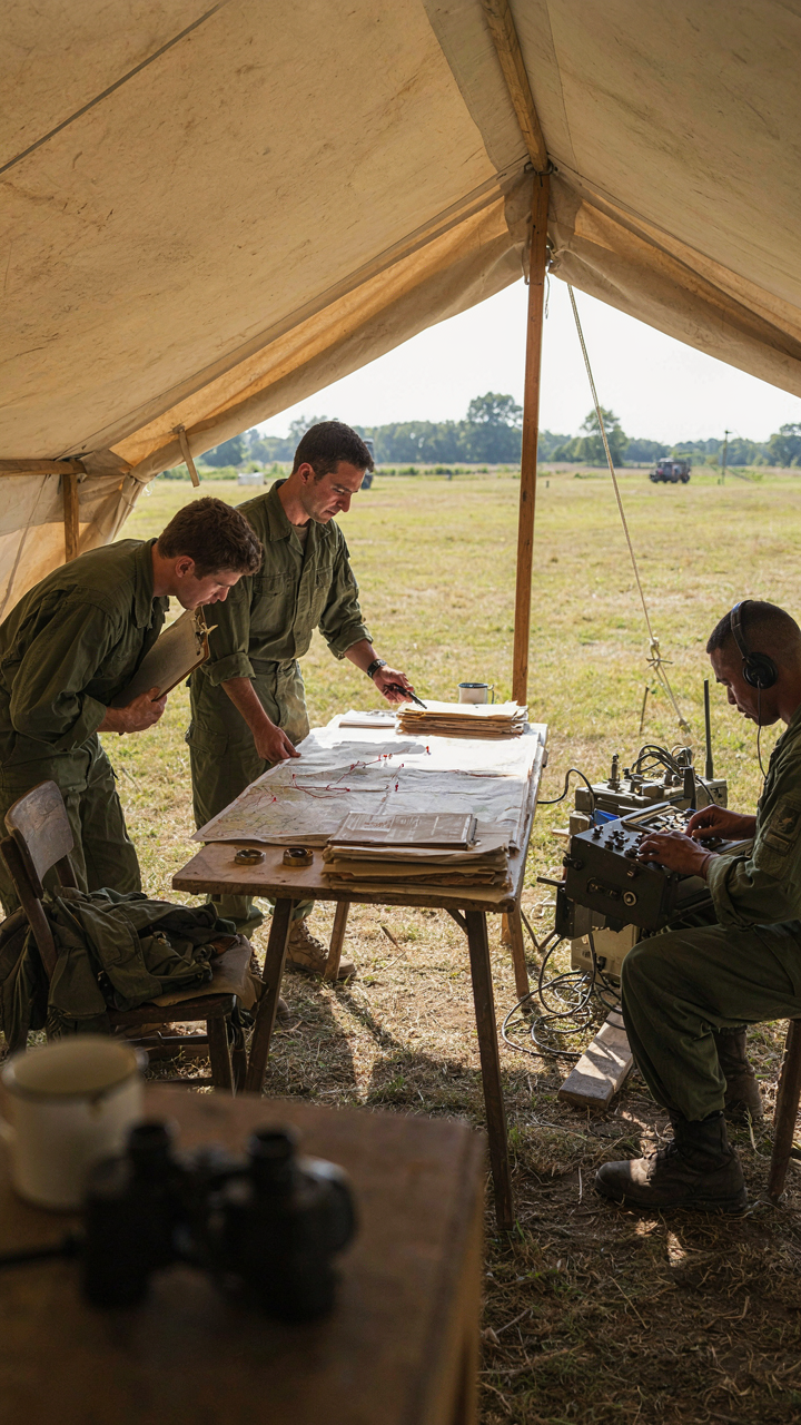 A calm team coordinates a complex operation in a military command tent.