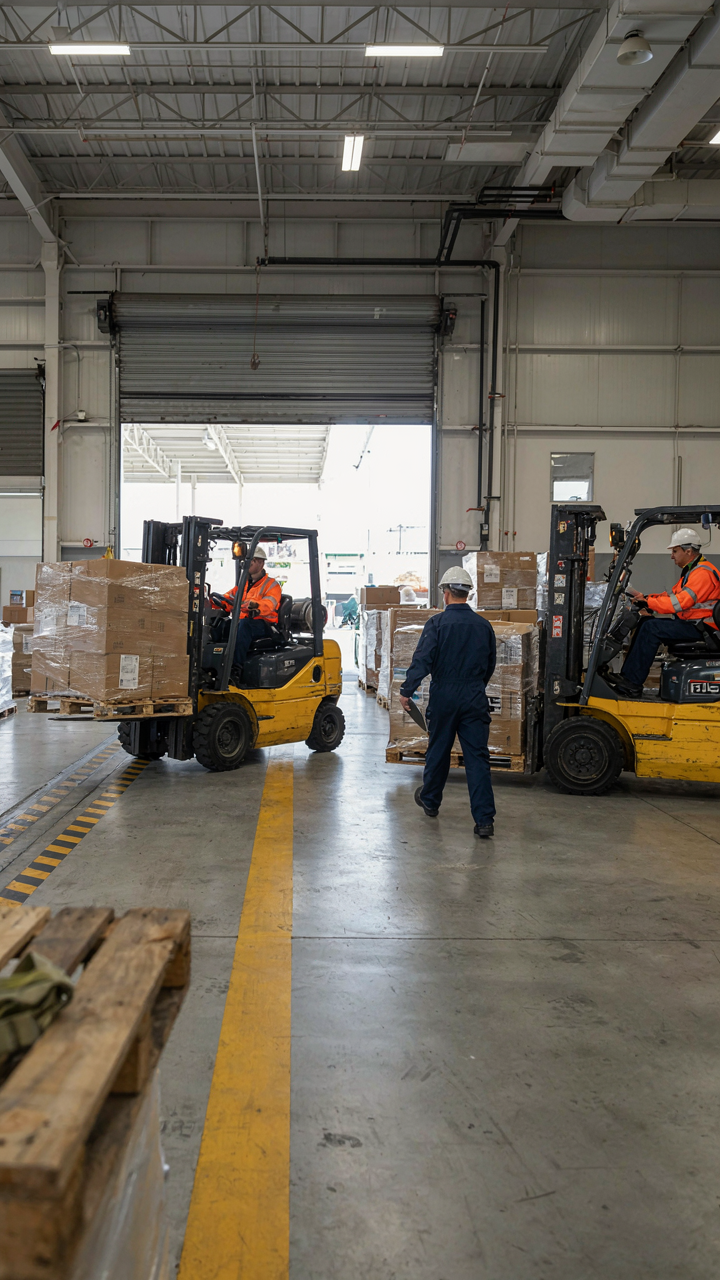 Forklifts quickly move pallets of goods on a busy shipping dock.