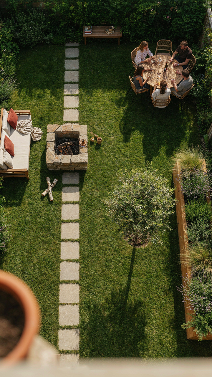 An overhead view of a backyard with clear paths between seating areas.