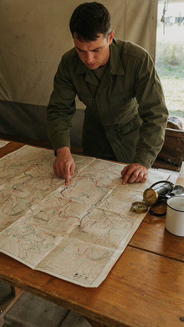 A military officer carefully looking at a map with supply routes.
