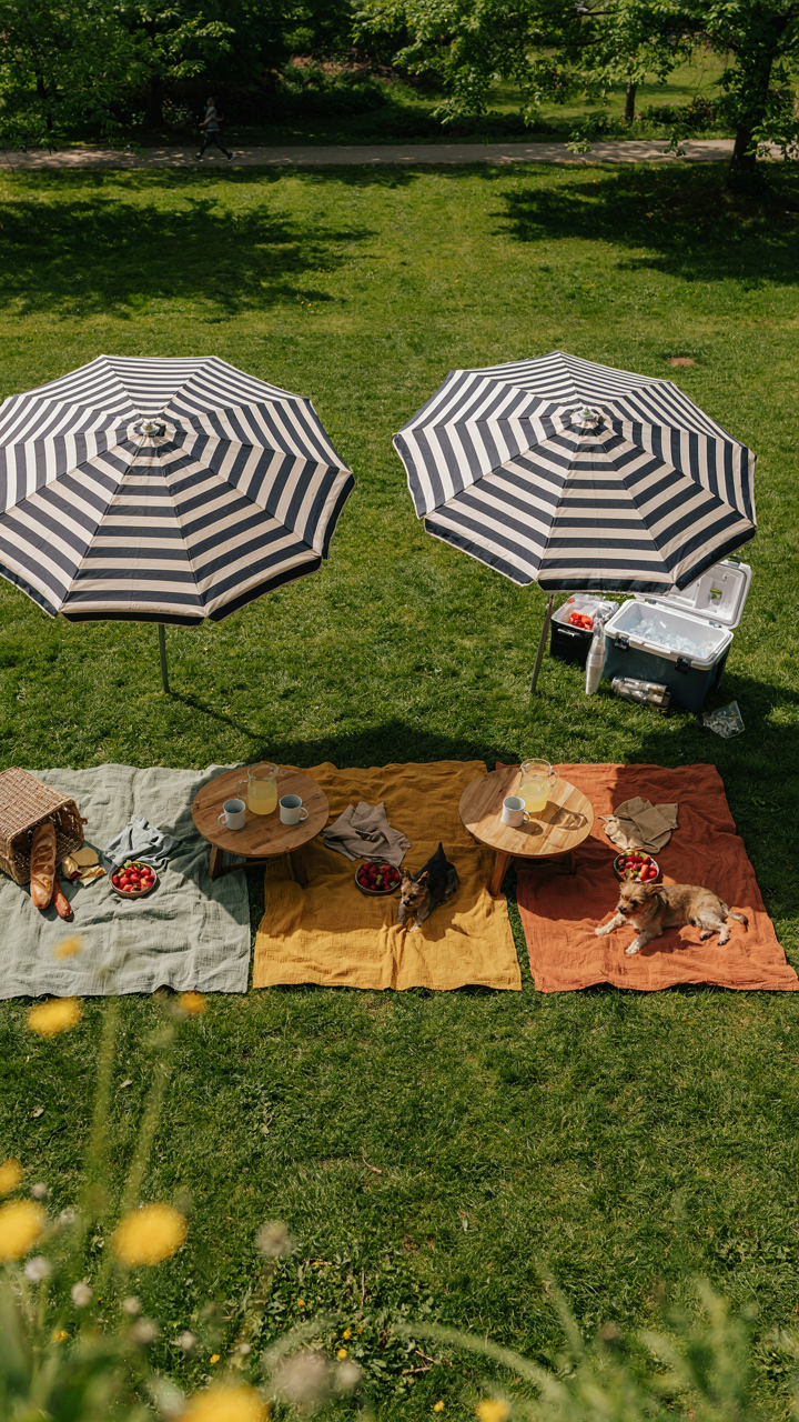 An organized outdoor picnic area with multiple blankets and easy-to-reach coolers.
