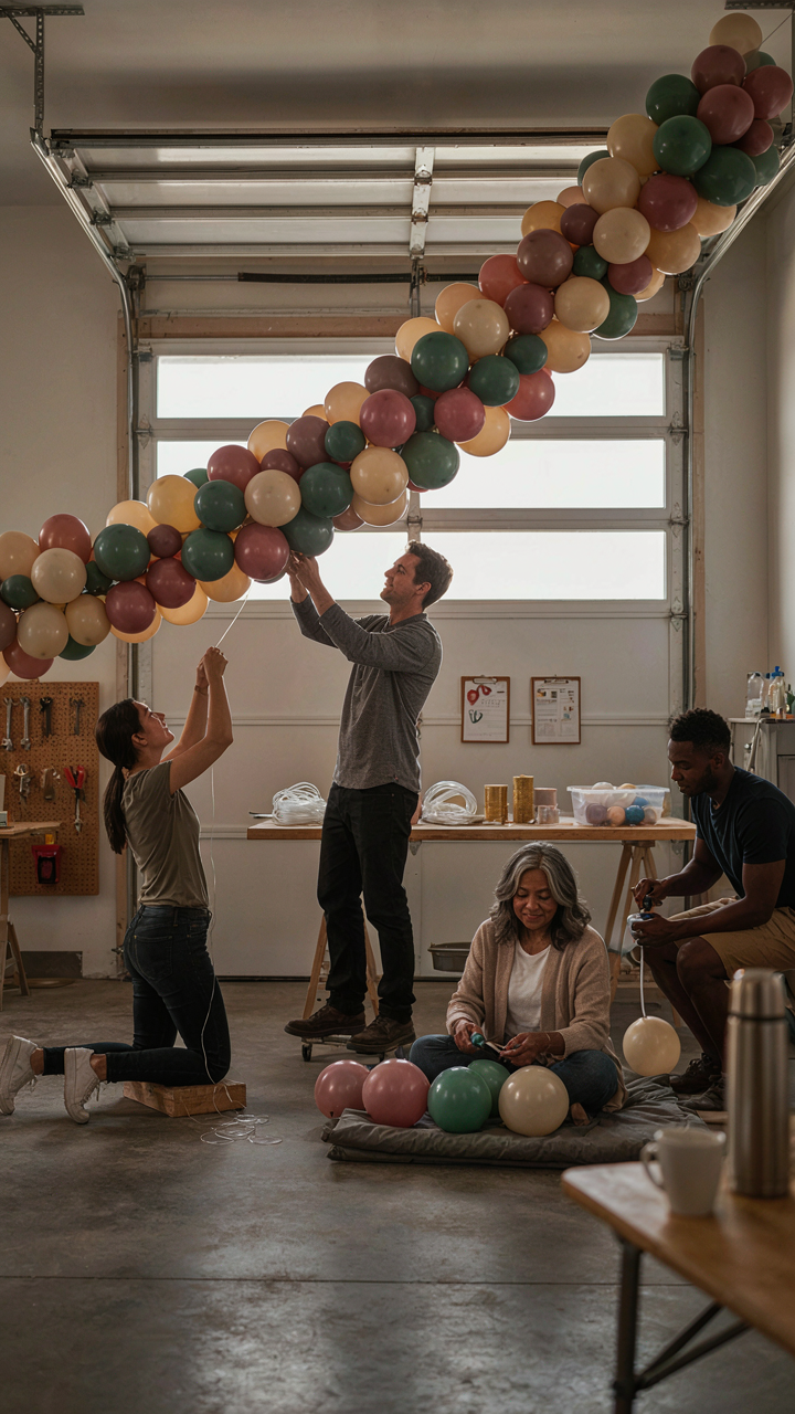 People calmly assemble a large balloon garland indoors in a spacious garage.