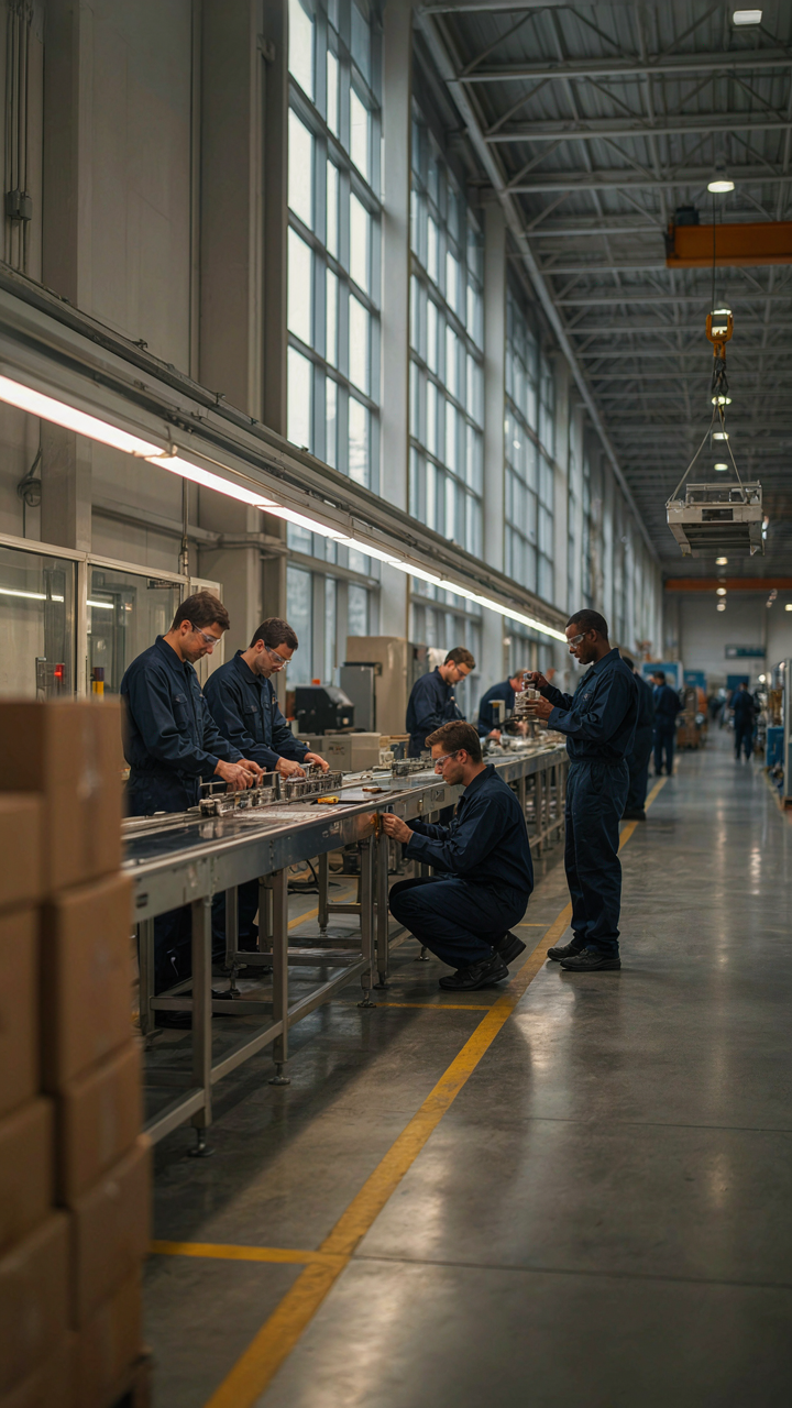 A bustling factory assembly line runs smoothly with efficient workers.