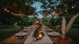 An elegant long table dinner setup outdoors at twilight with string lights.