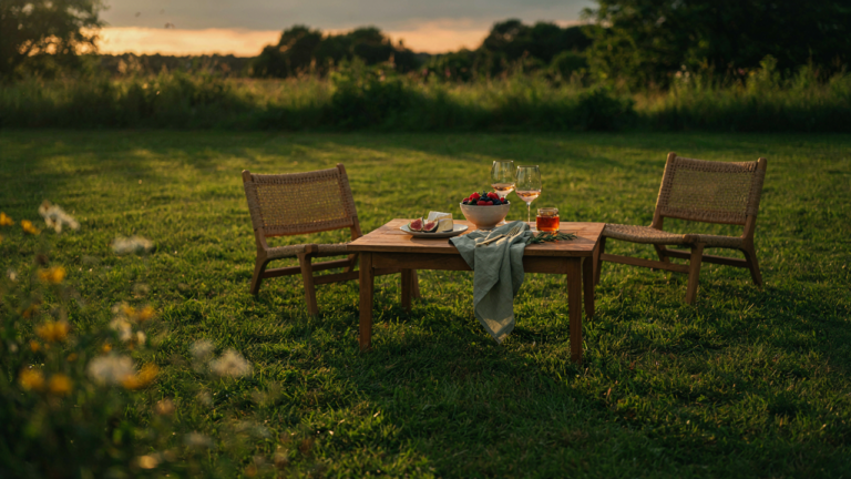 An elegant low table picnic setup with a small wooden table on a green lawn.