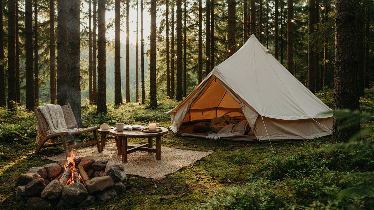A luxurious camping setup with a tent, string lights, and outdoor furniture in a forest.