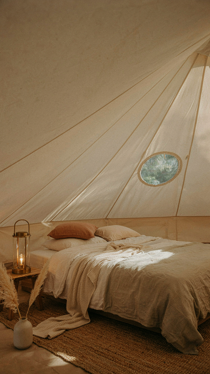 A minimalist glamping tent interior with a plush bed and a single lantern.