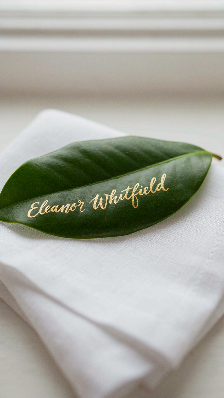 A shiny green magnolia leaf has a name written on it in gold ink.