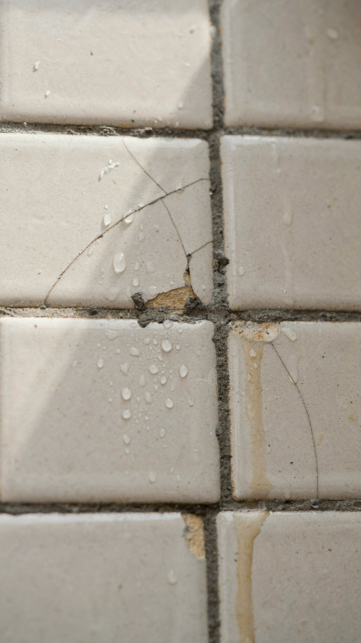 Cracked and missing grout between ceramic tiles on an RV backsplash.