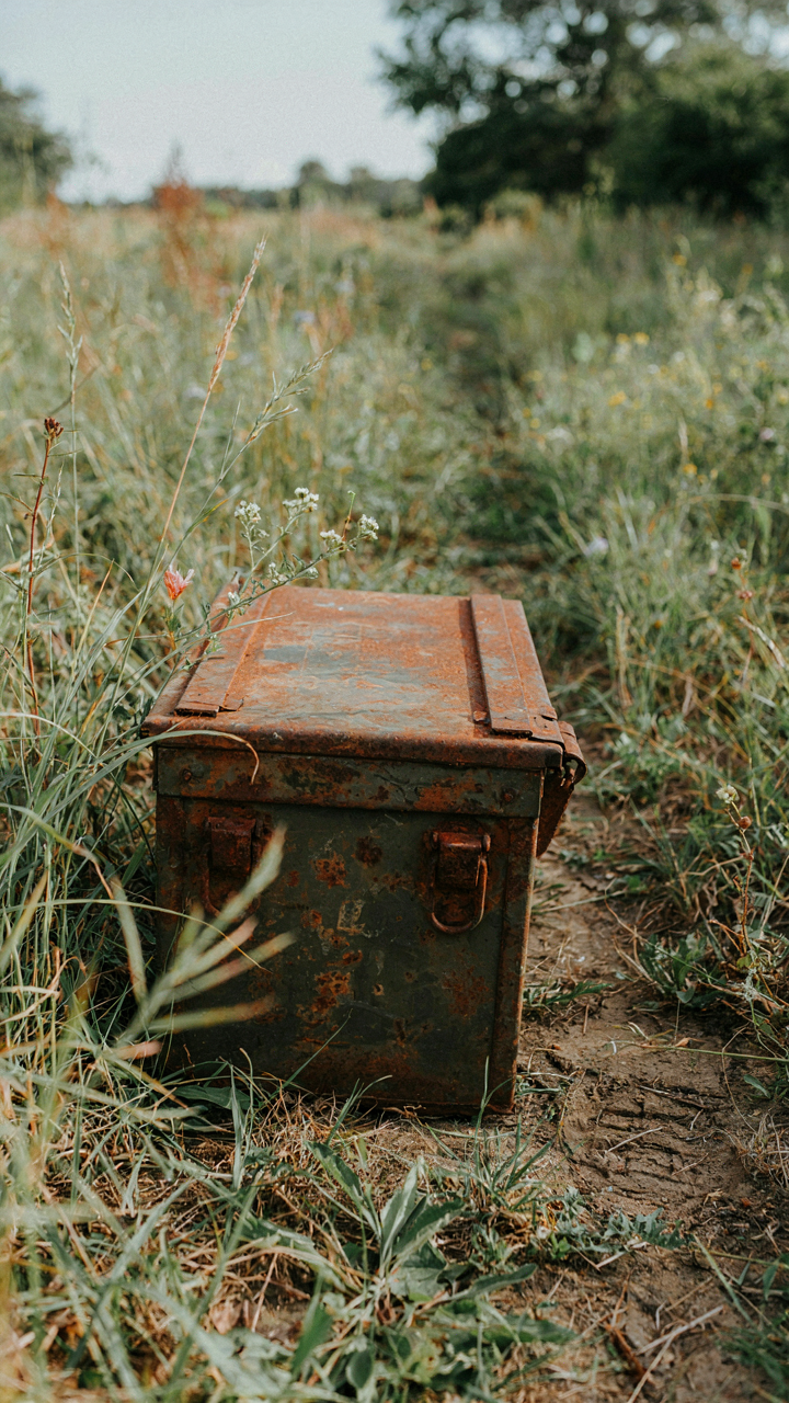 A rusty old military ammo box sits outdoors and is decaying.
