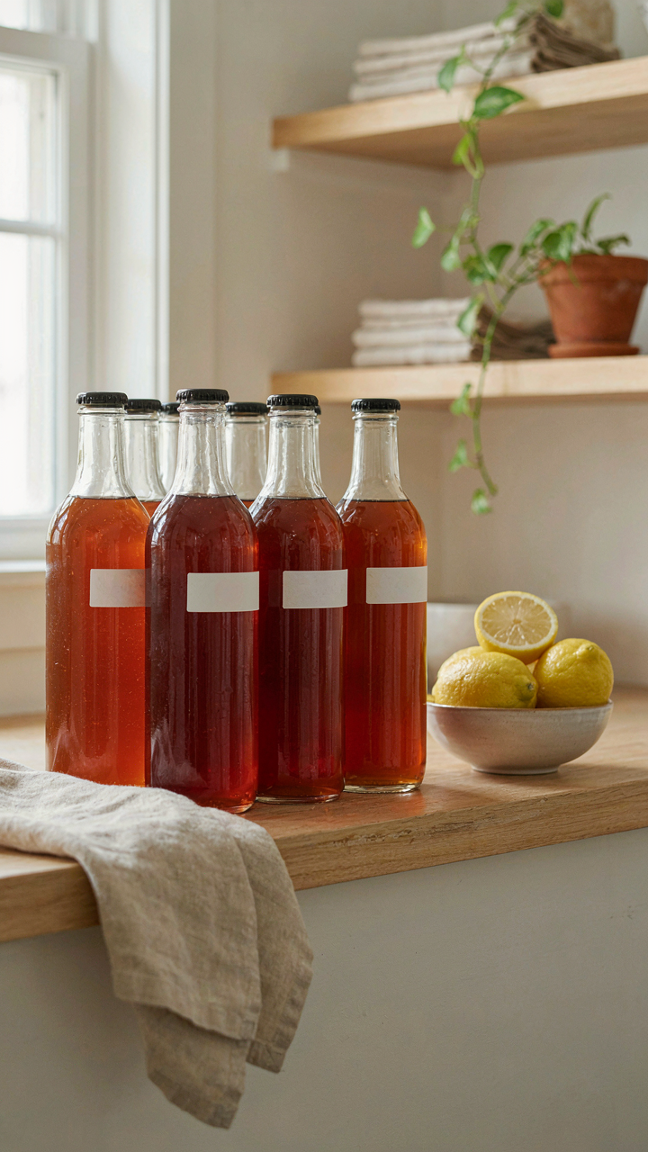 Neatly stacked bottles of iced tea concentrate on a pantry shelf.