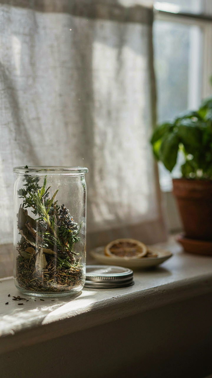 Dried herbs in a glass jar sit on a sunny window sill.