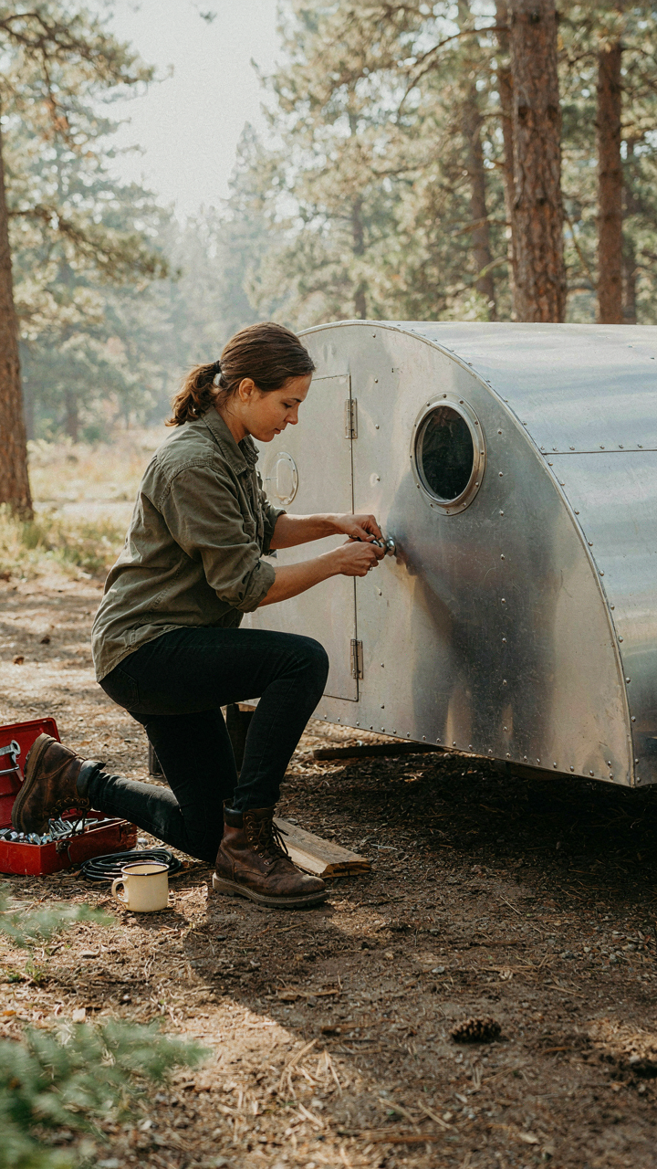 A person carefully checks and fixes the light frame of a small camper.
