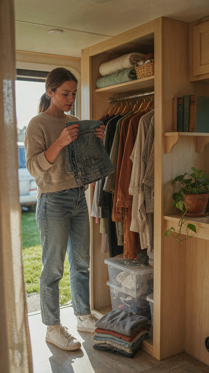A person purges items from an RV closet to donate.