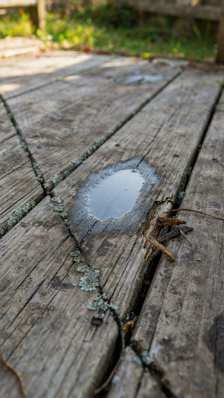 A close-up of a damaged, rotting wooden deck plank with mold.