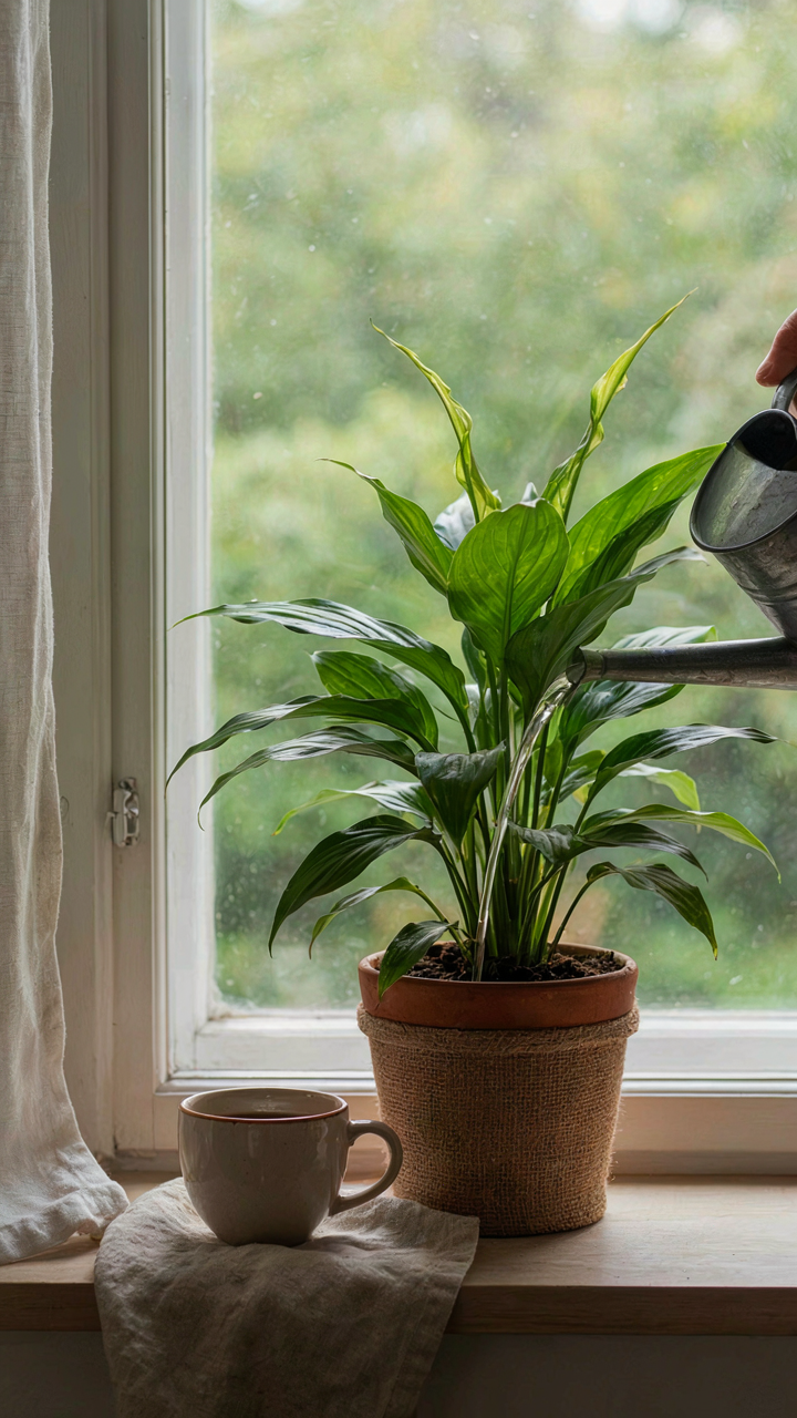 A healthy potted plant with green leaves gets water from a watering can.